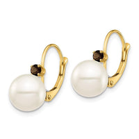 14K 8-8.5mm White Round FWC Pearl Smokey Quartz Leverback Earrings ,