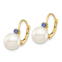 14K 8-8.5mm White Round FWC Pearl Tanzanite Leverback Earrings ,