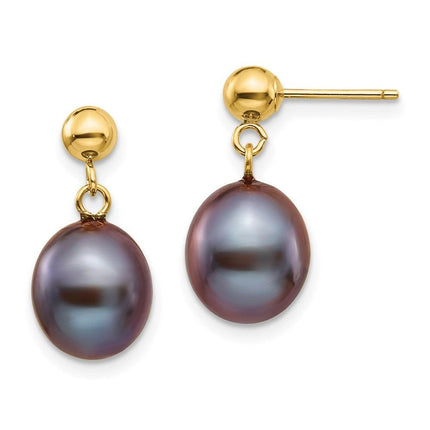 14k 8-9mm Black Rice Freshwater Cultured Pearl Dangle Post Earrings ,