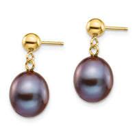 14k 8-9mm Black Rice Freshwater Cultured Pearl Dangle Post Earrings ,