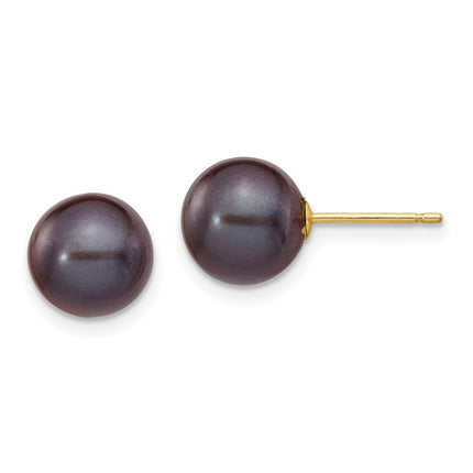 14k 8-9mm Black Round Freshwater Cultured Pearl Stud Post Earrings ,