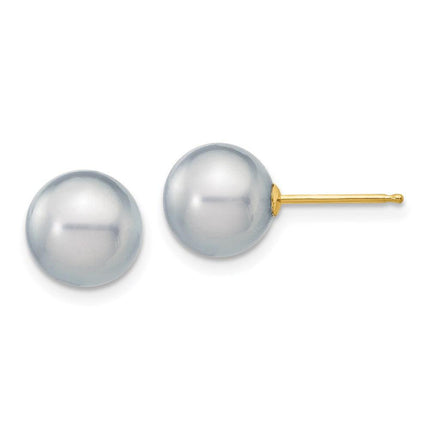 14k 8-9mm Grey Round Freshwater Cultured Pearl Stud Post Earrings ,
