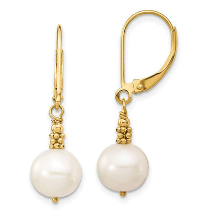 14k 8-9mm Near Round White FWC Pearl Leverback Earrings ,