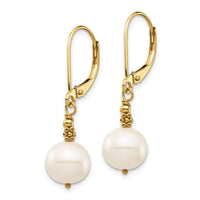 14k 8-9mm Near Round White FWC Pearl Leverback Earrings ,