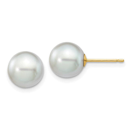 14k 8-9mm Round Grey Saltwater Akoya Cultured Pearl Stud Post Earrings ,