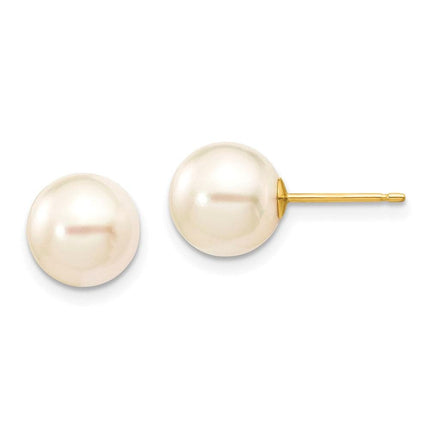 14k 8-9mm Round White Saltwater Akoya Cultured Pearl Stud Post Earrings ,