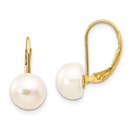 14K 8-9mm White Button Freshwater Cultured Pearl Leverback Earrings ,