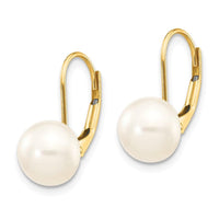 14K 8-9mm White Button Freshwater Cultured Pearl Leverback Earrings ,