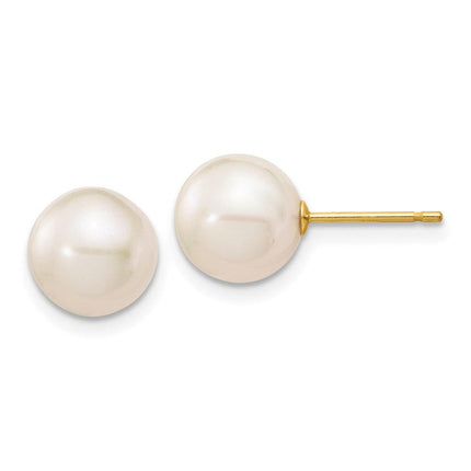 14k 8-9mm White Round Freshwater Cultured Pearl Stud Post Earrings ,