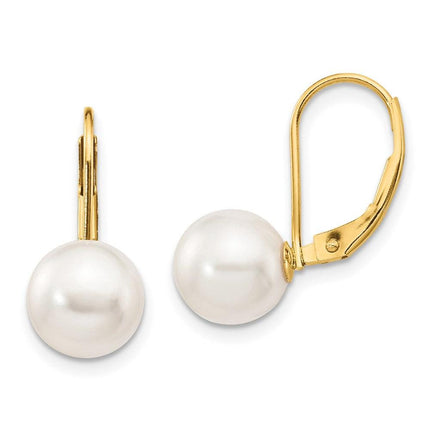 14k 8-9mm White Round Saltwater Akoya Cultured Pearl Leverback Earrings ,