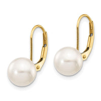 14k 8-9mm White Round Saltwater Akoya Cultured Pearl Leverback Earrings ,