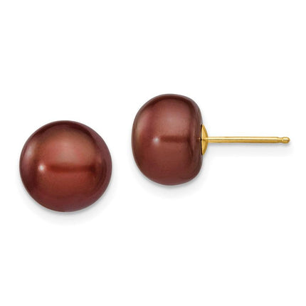 14k 9-10mm Coffee Button Freshwater Cultured Pearl Stud Post Earrings ,
