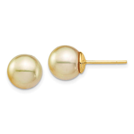 14K 9-10mm Golden Round Saltwater Cultured South Sea Pearl Post Earrings ,