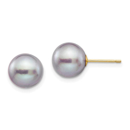 14k 9-10mm Grey Round Freshwater Cultured Pearl Stud Post Earrings ,