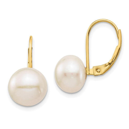 14K 9-10mm White Button Freshwater Cultured Pearl Leverback Earrings ,