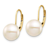 14K 9-10mm White Button Freshwater Cultured Pearl Leverback Earrings ,