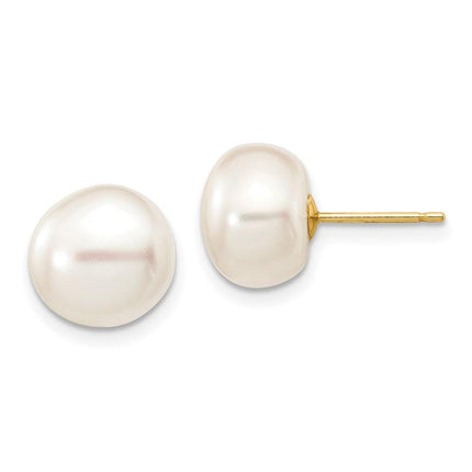 14k 9-10mm White Button Freshwater Cultured Pearl Stud Post Earrings ,