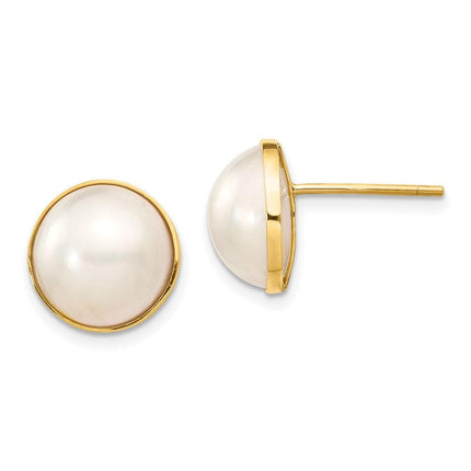 14k 9-10mm White Freshwater Cultured Mabe Pearl Post Earrings ,