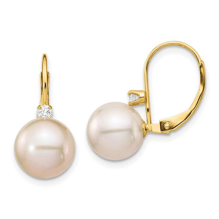 14K 9-9.5mm White Round FWC Pearl .10ct Diamond Leverback Earrings ,