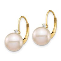 14K 9-9.5mm White Round FWC Pearl .10ct Diamond Leverback Earrings ,