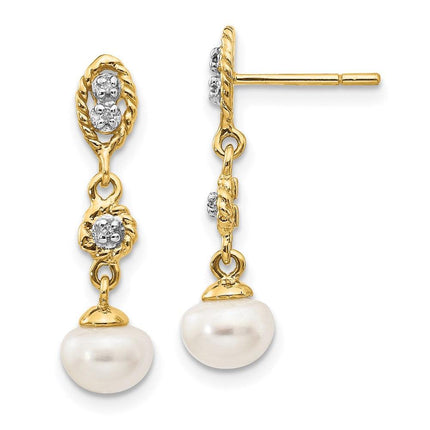 14k & Rhodium 6-7mm Semi-round FWC Pearl .02ct Diamond Dangle Earrings ,