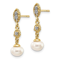 14k & Rhodium 6-7mm Semi-round FWC Pearl .02ct Diamond Dangle Earrings ,