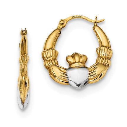 14k and Rhodium Polished Claddagh Hoops ,