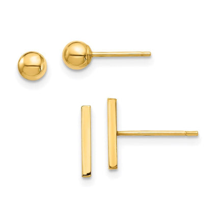 14K Bar and Ball Post Earrings Set ,