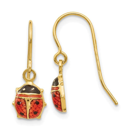 14k Enameled Ladybug Dangle Earrings ,
