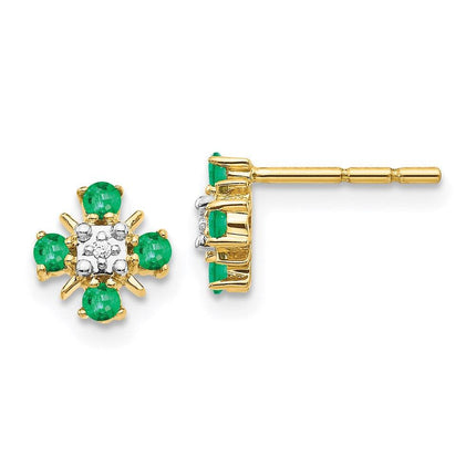 14k Gold Emerald & Diamond Post Earrings ,