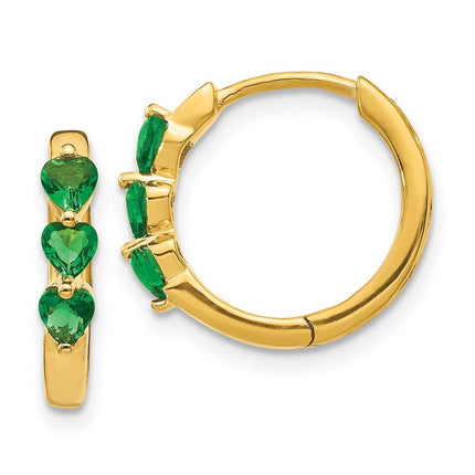 14K Gold w/ Created Emerald Polished Hoop Earrings ,
