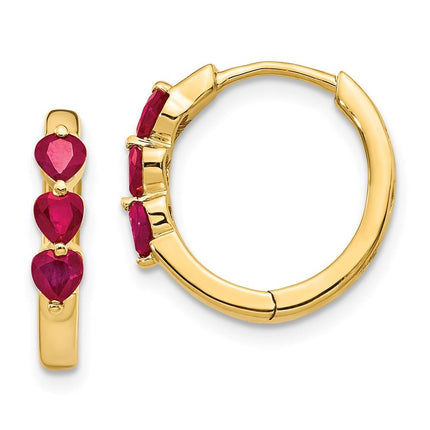 14K Gold w/ Created Ruby Polished Hoop Earrings ,