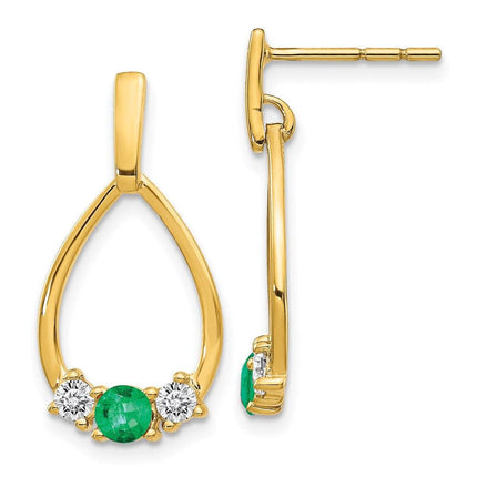 14K Gold w/ Emerald and White Sapphire Post Dangle Earrings ,