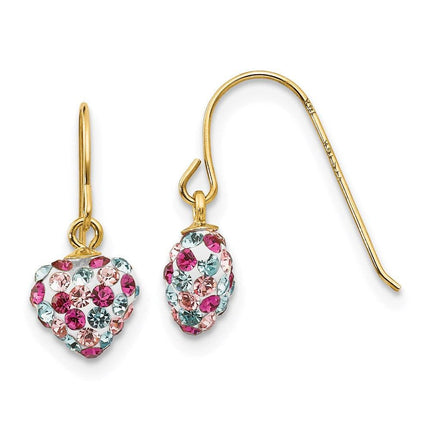 14k Multi-colored Crystal Heart Dangle Earrings ,