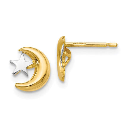 14k Polished & Rhodium Moon & Star Post Earrings ,
