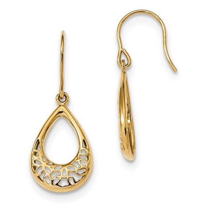 14k Polished Floral Teardrop Shepherd Hook Earrings ,