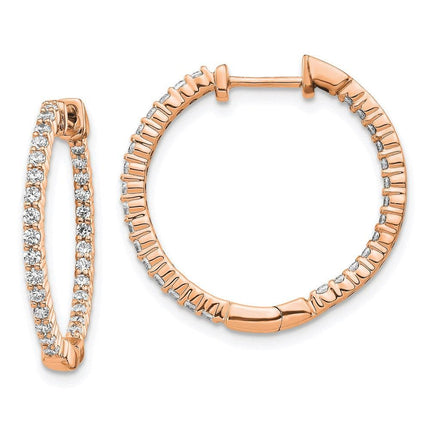 14K Rose Gold Polished Diamond In and Out Hinged Hoop Earrings ,