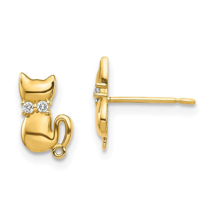 14K Sitting Cat CZ Bowtie Stud Earrings ,