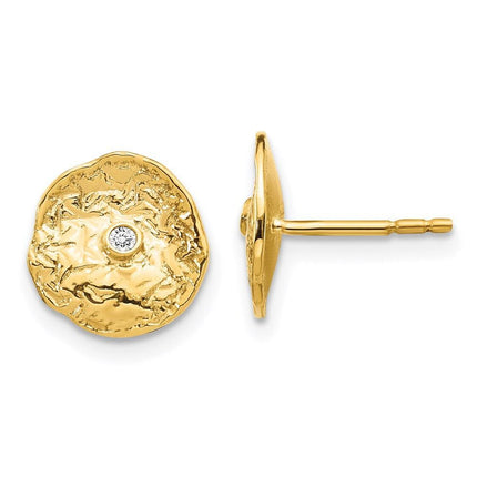 14k Small Textured Circle Diamond Earrings ,