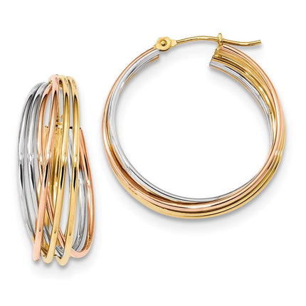 14k Tri-color Fancy Hollow Tube Hoops ,