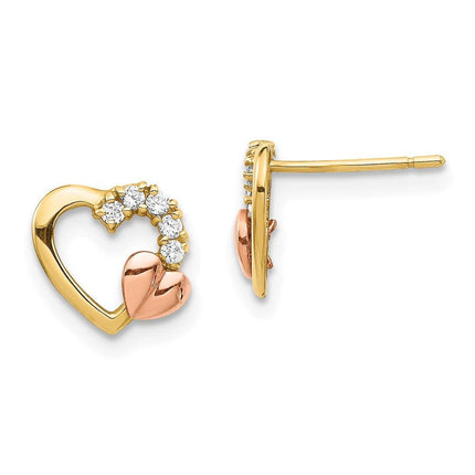 14K Two-Tone CZ Heart Post Earrings ,