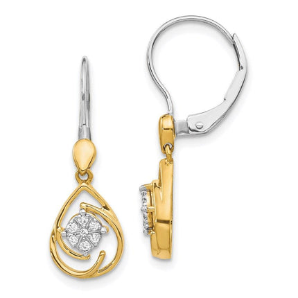 14K Two-tone Diamond Teardrop Dangle Leverback Earrings ,