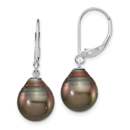 14K WG 10-11mm Teardrop Saltwater Cultured Tahitian Leverback Earrings ,