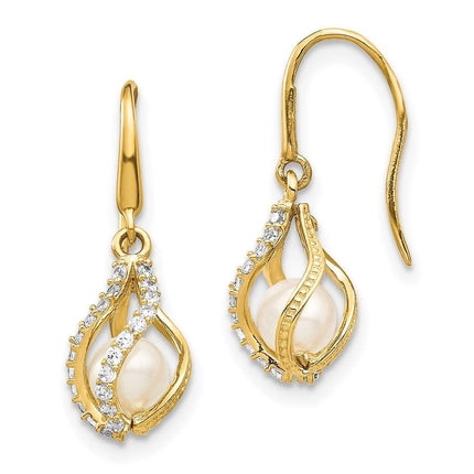 14k White Freshwater Cultured Pearl CZ Cage Dangle Earrings ,
