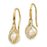 14k White Freshwater Cultured Pearl CZ Cage Dangle Earrings ,