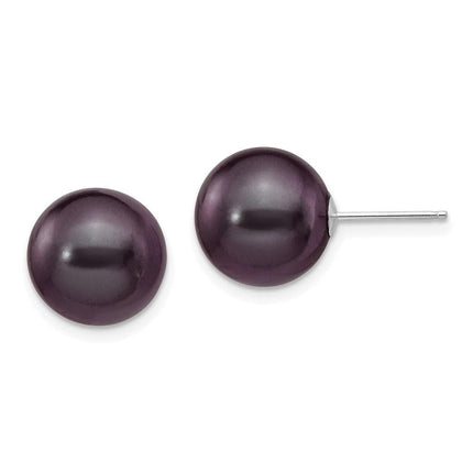 14k White Gold 10-11mm Black Round FW Cultured Pearl Stud Post Earrings ,