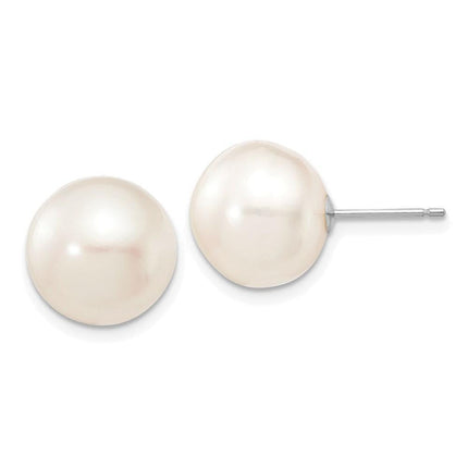 14k White Gold 11-12mm White Button FW Cultured Pearl Stud Post Earrings ,