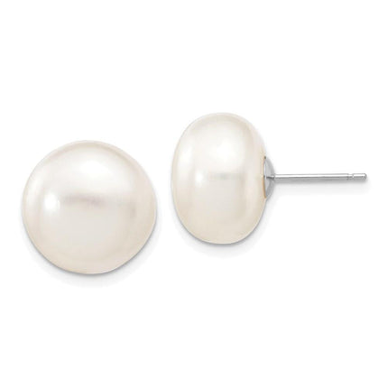 14k White Gold 12-13mm White Button FW Cultured Pearl Stud Post Earrings ,