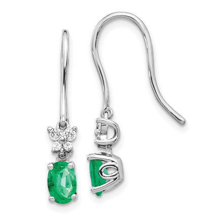 14k White Gold 1/8ct Diamond & Emerald Shepherd Hook Earrings ,