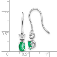 14k White Gold 1/8ct Diamond & Emerald Shepherd Hook Earrings ,